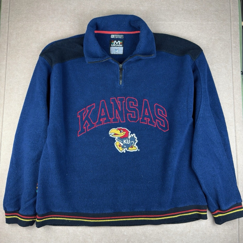 Vintage Mirage Kansas Jayhawks KU Fleece Pullover Men's XL Blue Quarter Zip Y2K
